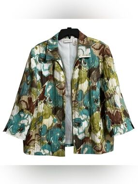 Alfred Dunner Turquoise Brown Green Floral Open Crushed Blazer Jacket 18